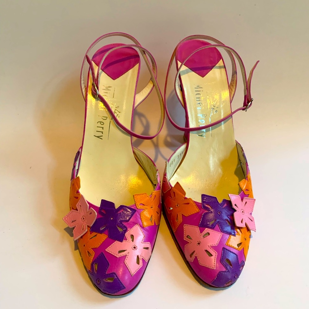 Michel Perry Pink-Purple and Orange Floral Leather Heels Size 8.5